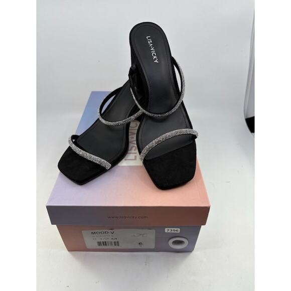 NEW Lisa Vicky Mood Pavé Block Heel Slide Sandals Crystal Strap Black Womens 8.5 - Picture 6 of 11